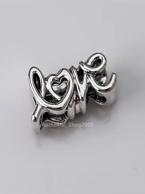 2 Pandora Silver charms. ‘Love' Script Charm and purple flower charm